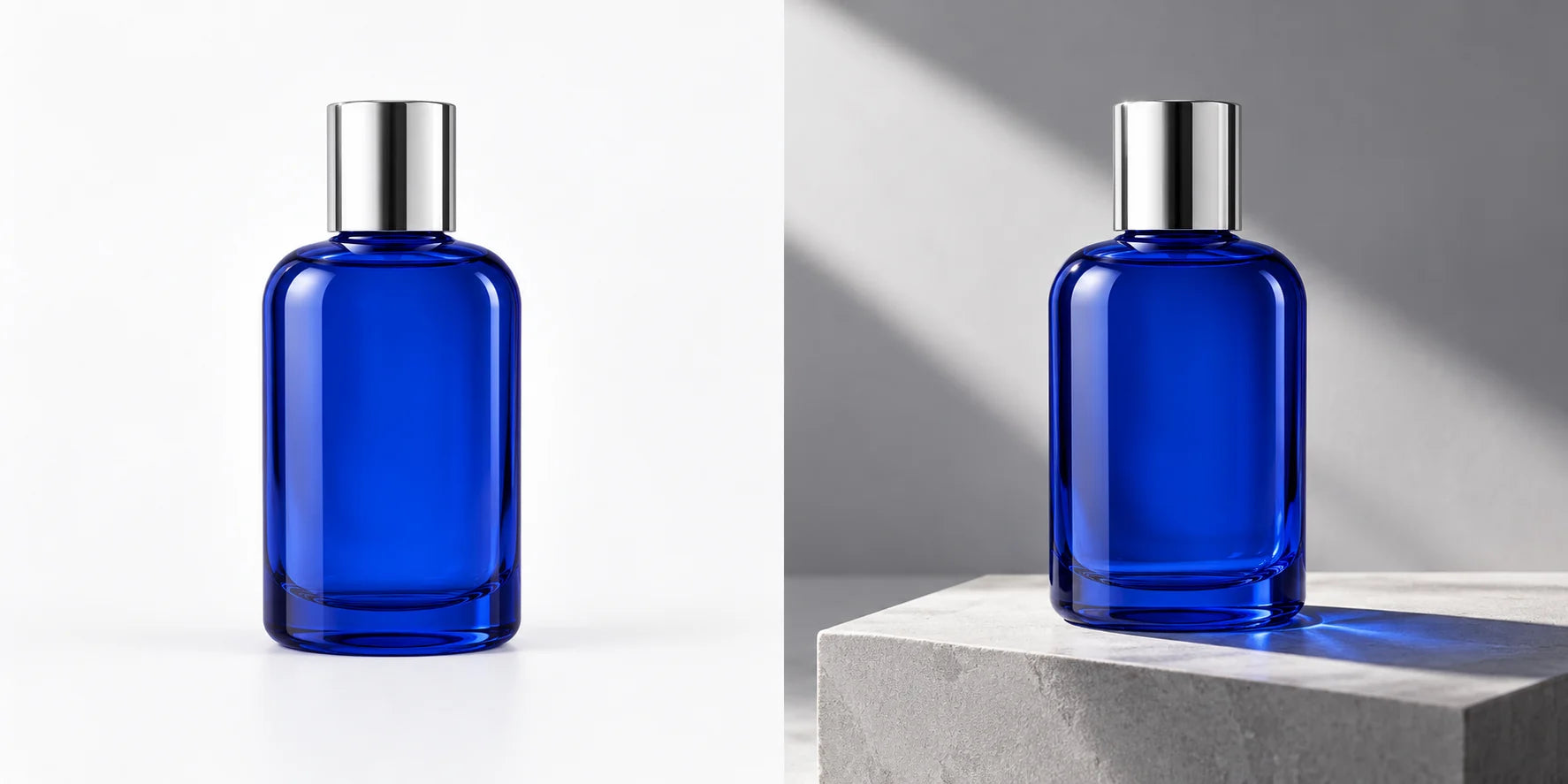Fictional concept: an unbranded blue bottle shown in a plain studio presentation and a styled product setting