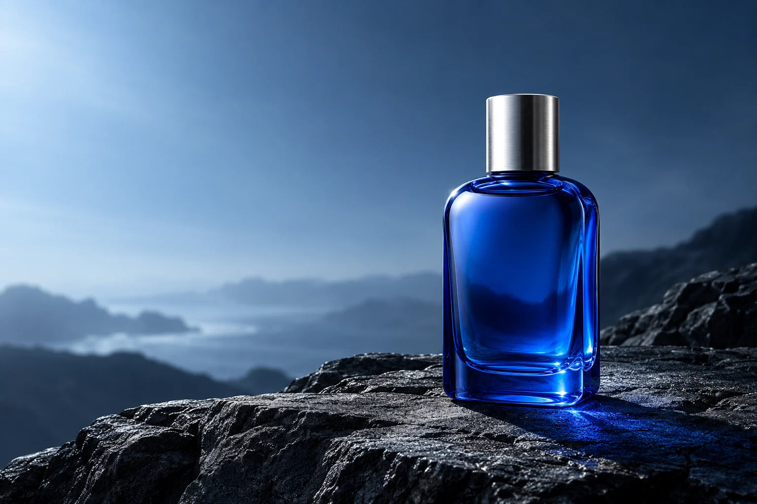 Concept image of a cobalt-blue bottle on dark coastal stone